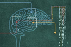 A line illustration shows a brain with lines signifying electrodes and wires connecting to a matrix of dots in a rectangular shape, indicating data.